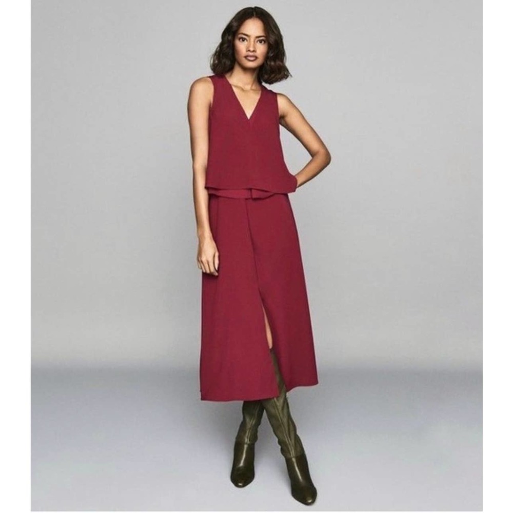 NWT REISS Viola Sheer Layer Midi Dress V-Neck Sleeveless Burgundy/ Maroon